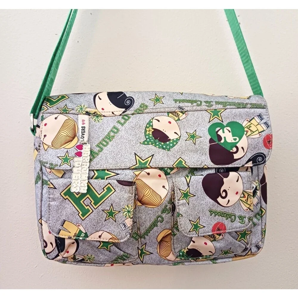 Harajuku Lovers Nylon Messenger Bag Gray / Green AOP Bag Charm 11X4X8